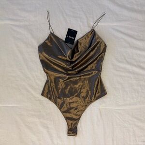 Women's Cowl Neck Speghetti Strap Bodysuit in a Champagne Colour